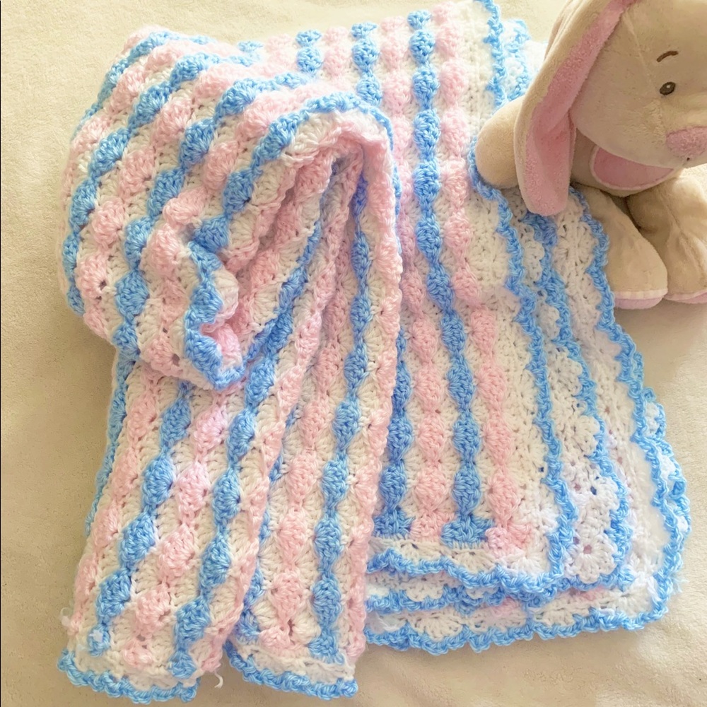 Handmade Crochet Baby Blanket Pink Blue and White